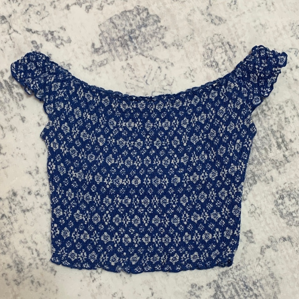 Hollister Blue Floral Off-Shoulder Crop Top XS